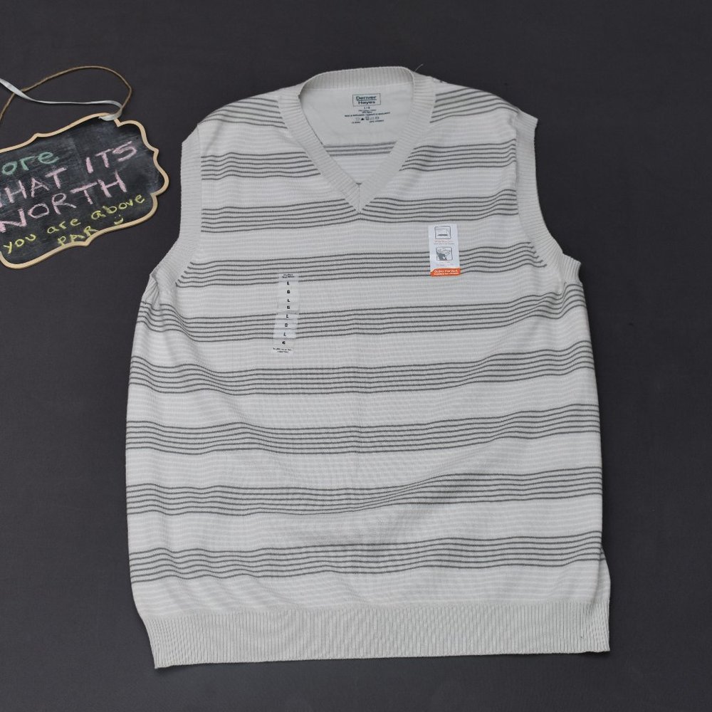 Denver Hayes Sweater Vest – Beige & Grey Stripe – Men's Size L – NWT